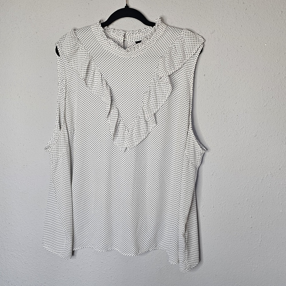 Who What Wear Polka Dot Ruffle High Neck Sleeveless Blouse White Black 4X